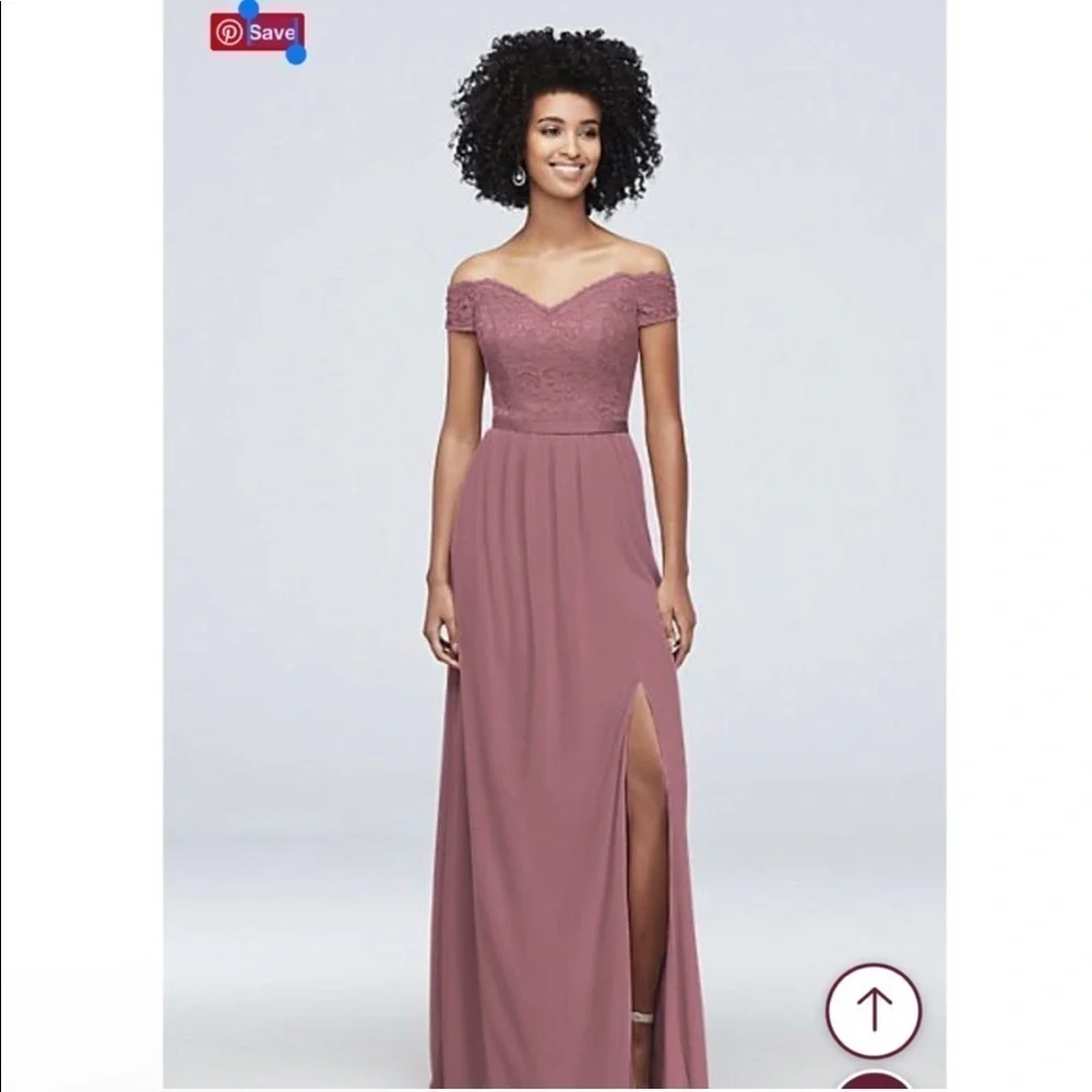 David’s Bridal Off the Shoulder Lace & Mesh Maxi The Beloved Dress